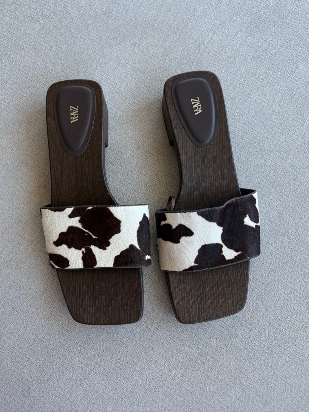 Zara Leather Slide Heeled Mules Cow Print Slide Sandals
